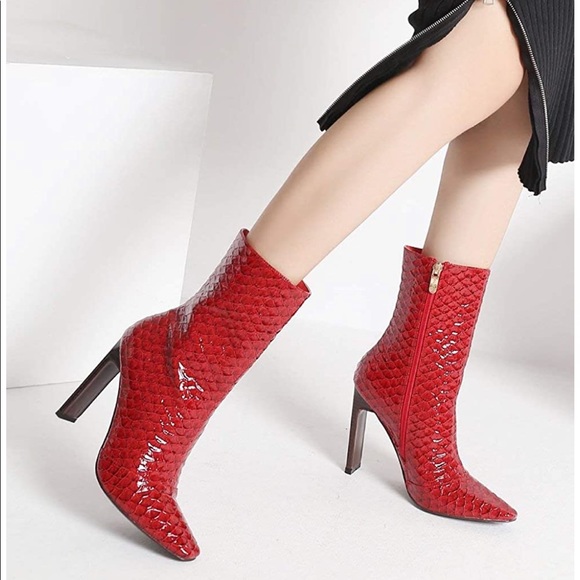 Red Patent Leather Square Toe High Heel Boots - Picture 7 of 13